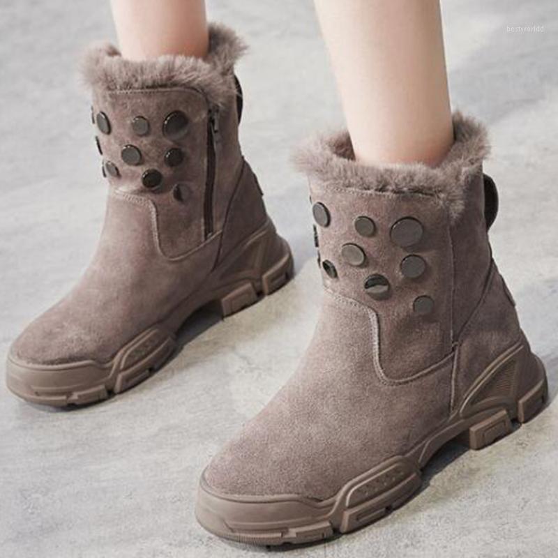 

Women Boots autumn winter platform rivet ankle boots Women plus velvet Snow warm round head Casual for kl7081, Black