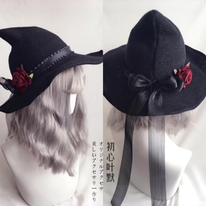 

Lolita Halloween Retro Witch Hat Masquerade Rose Big Bow Wizard Hat Gothic Magical Girl Cosplay Accessories Party Decor1, Black