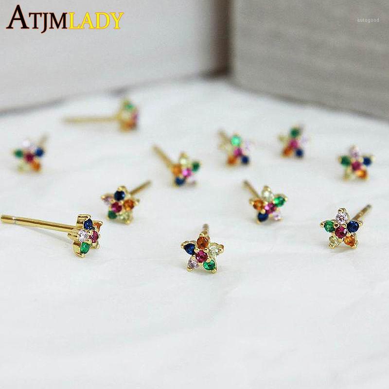 

Stud 100% 925 Sterling Silver Tiny Cute Girls Jewelry Rainbow Cz Colorful Sparking Bling Flower Delicate Studs Mini Girl Earring1