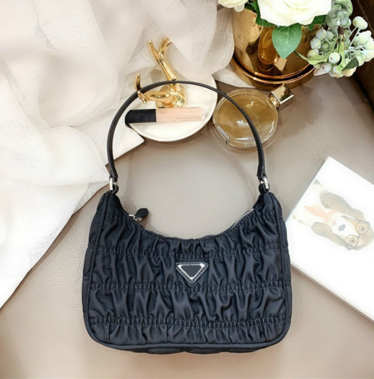 

Women Pleated Shoulder Bag Handbags Fashion Nylon Lady Wrinkled Hobos Baguettes Folded Underarm Purses Multiple Solid Colors Top quality, Pink(brand logo)