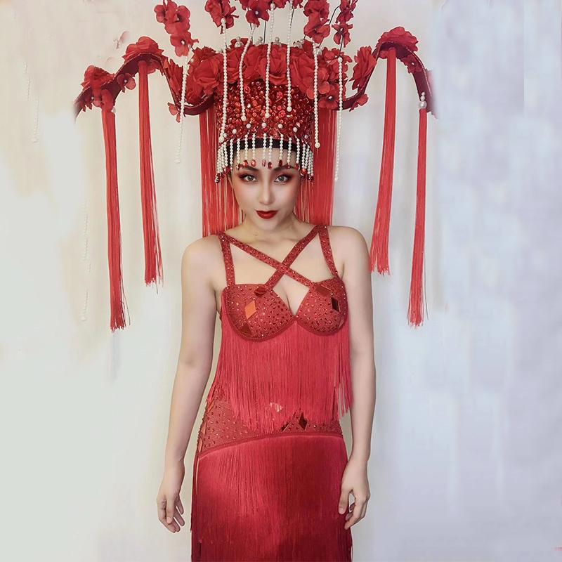

Red Rhinestone Tassel Stage Costumes Celebrity Dresses Birthday Outfits For Women Nightclub Bar Singer Dj Ds Rave Wear DT3016, As picture