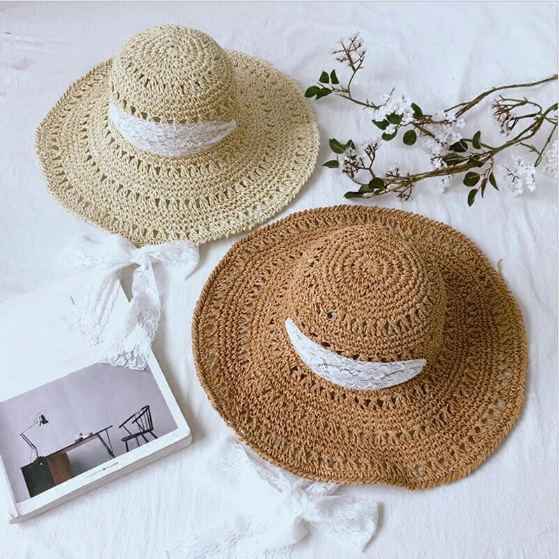 

Wide Brim Hats 2021 Summer Women Outdoors Sunshade Straw Hat Beach Foldable Handmade White Ribbon Lace Sun For, Beige