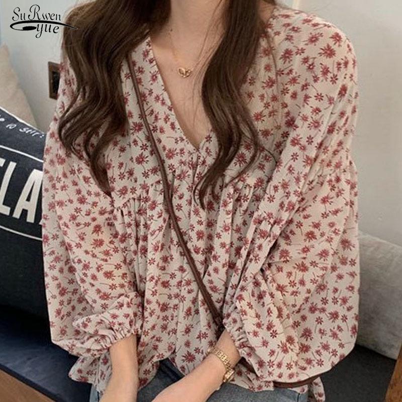 

Women's Blouses & Shirts V-neck Chiffon Shirt Women Sweet Tops Blouse 2022 Summer Korean Floral Print Long Sleeve Casual Loose Lady Clothes, White