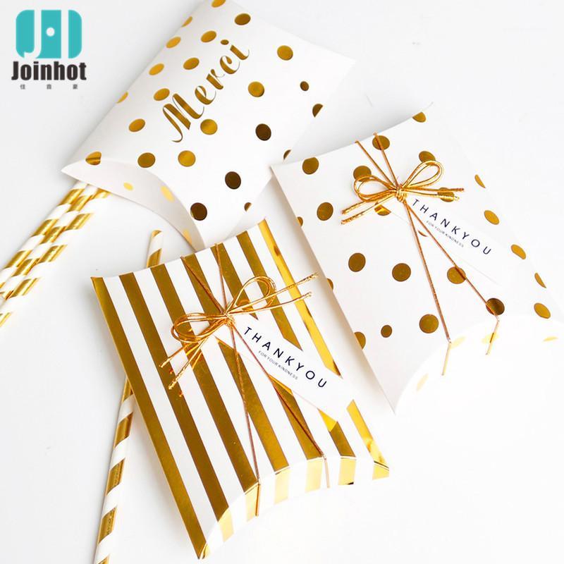 

5pcs Paper Gift Box Pillow Shape Box Golden Striped Dots Paper Bag Merci Thank You Candy Wedding Packaging Kid Party1