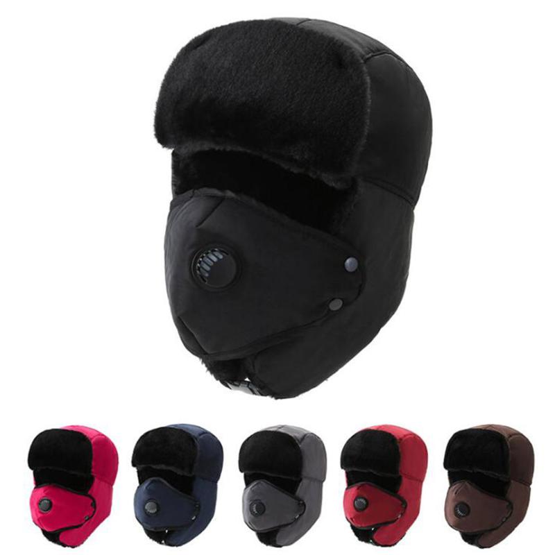 

Winter Thick Bomber Hat Unisex Breathable Detachable Mask Hats Women Men Fashion Warm Cap Winter Warm Headwear Ski Caps, Black