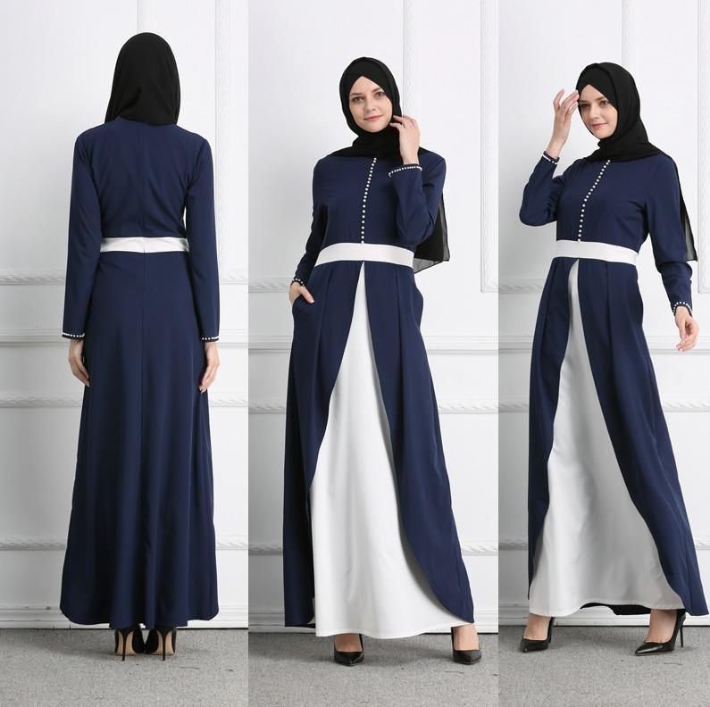 

Women Long Dress Muslim Patchwork Elegant Maxi Robe Islamic Party Evening Gown Long Sleeve Pockets Beading Ramadan Middle East1