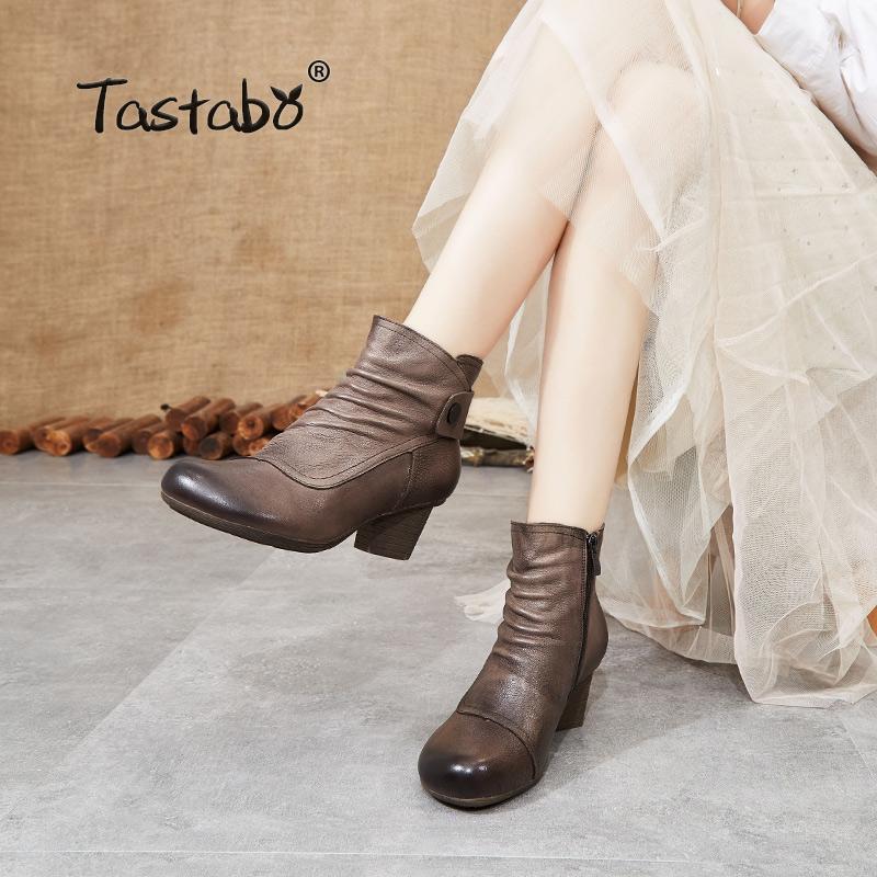 

Tastabo Genuine Leather high heel women's boots Vintage style Comfort Women's shoes S91203 Brown rub Black Handmade nude boots1