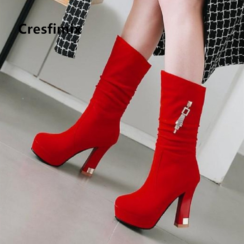 

Cresfimix Women Fashion Red High Quality Autumn Boots Lady Casual Black Knee High Comfortable Winter Boots Sweet B6061