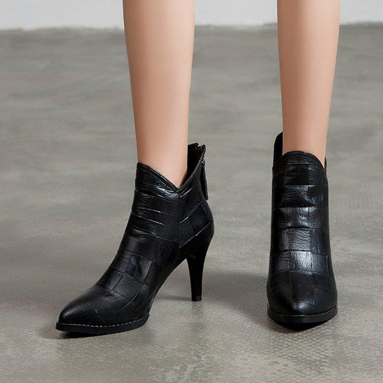 

autumn winter new pointed short boots, women's fashion single-boots, and boots, women's leather shoes, heels, Black-1