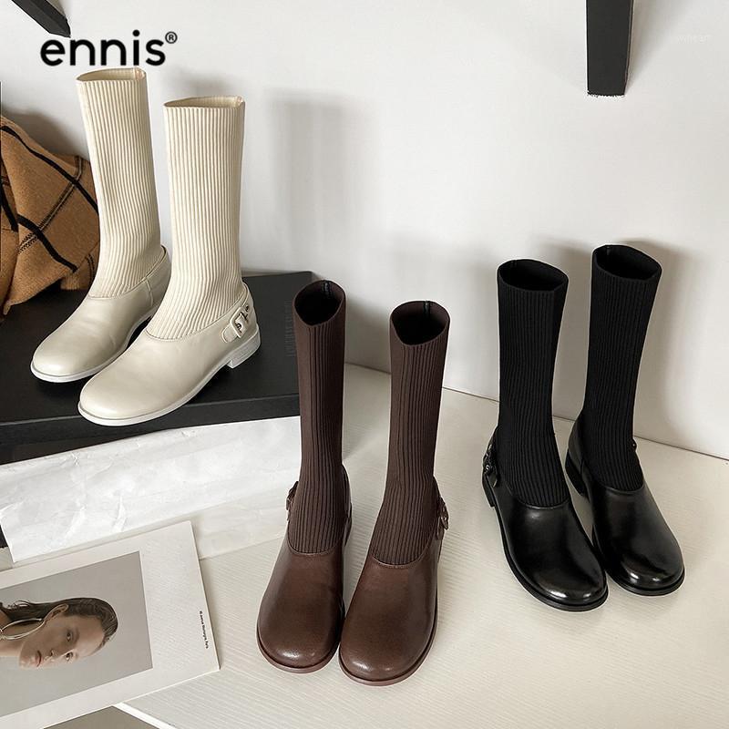 

ENNIS Korean Flat Ankle Boots Knitted Shoes Fashion Stretch Boots College Women Genuine Leather Autumn Shoes Buckle A01141, Black