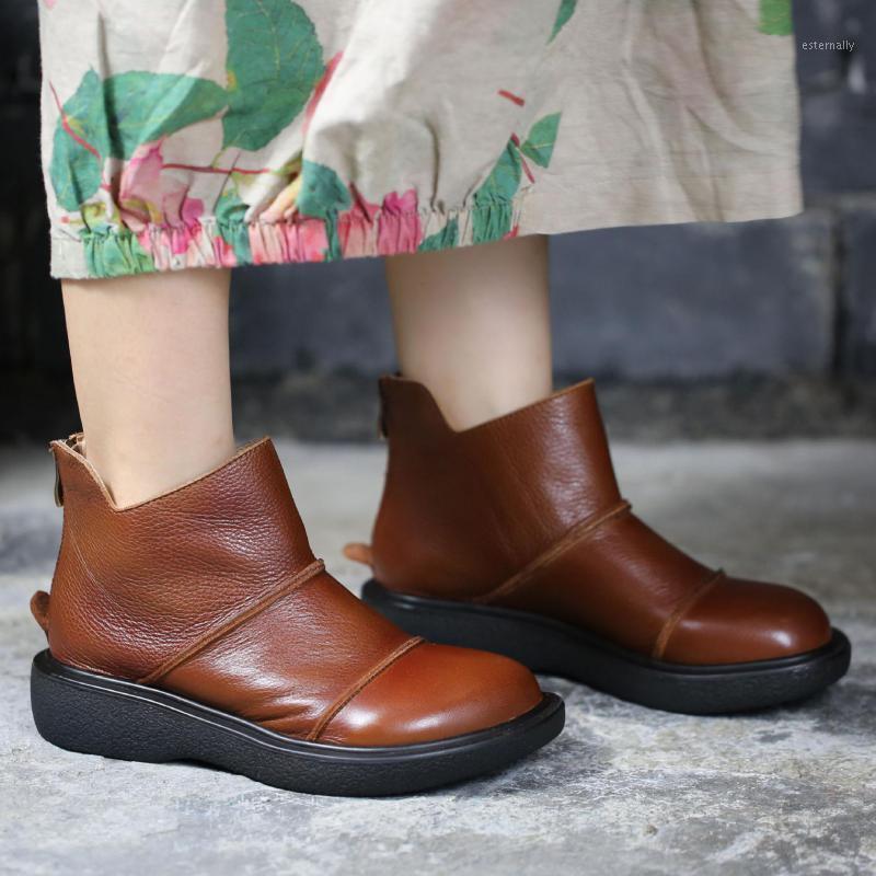

Johnature Women Boots Genuine Leather Zip Women Shoes 2020 New Round Toe Flat With Sewing Handmade Concise Ankle Platform Boots1, Beige