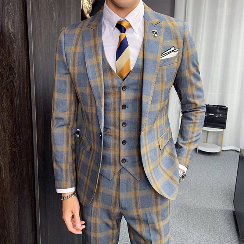 

2021 New Ternos Masculinos Autumn Khaki Gray Plaid Men Classic Mens Wedding Suits Slim Fit Formal Business Jacket+pants+vest J90i