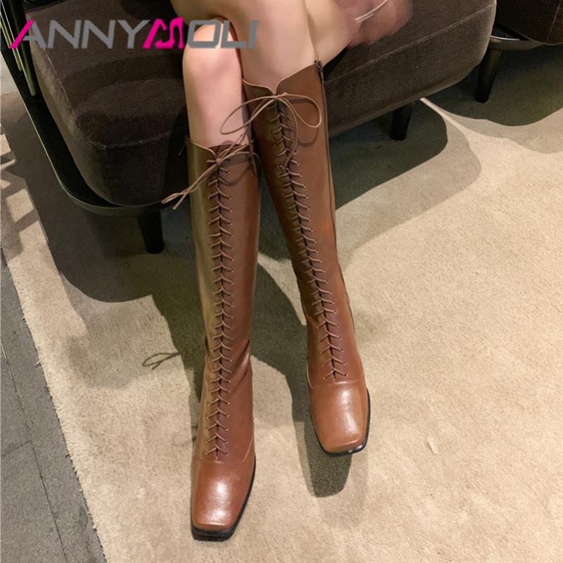 

ANNYMOLI Knee High Boots Women Zipper High Heel Long Boots Lace Up Square Toe Strange Style Heels Shoes Ladies White Size 34-39, Black