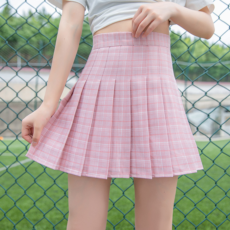 

New Pink High Waist Sweet Style Pleated Skirts for Girls Cute Spring Ladies Plaid Mini Skirt Women Summer 2021 19ks, Orange yellow skirt
