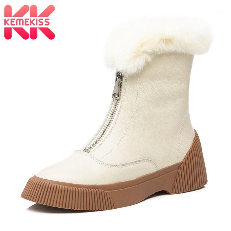 

KemeKiss Real Leather Women Ankle Boots Plush Fur Front Zipper Flats Shoes Warm Winter Boots Women Daily Footwear Size 34-391, Black