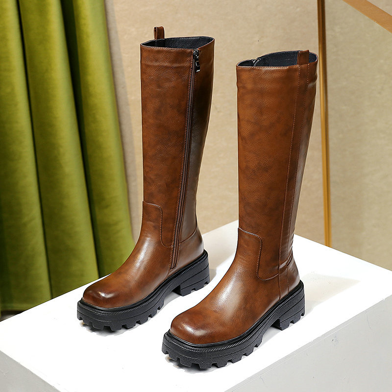 

2021 New Pu Leather Knee High Round Toe Long Boots Autumn Winter Keep Warm Women Shoes Big Size 34-43 Wvhj, Brown