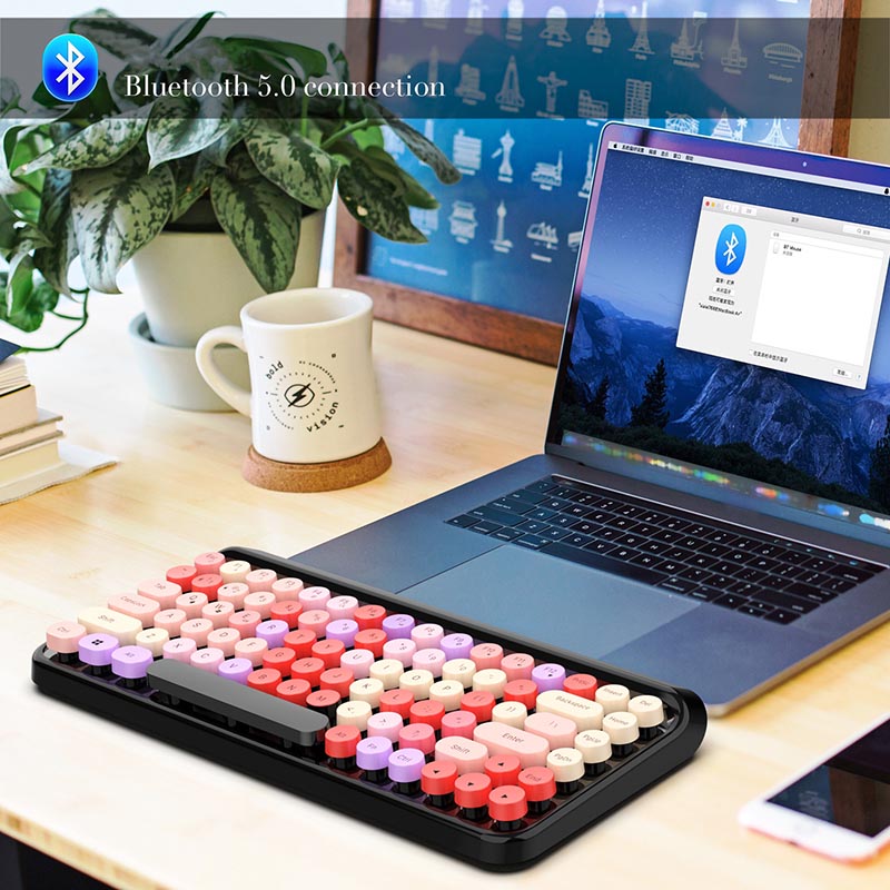 

Colorful Bluetooth Keyboard Retro Round Keycap Plastic Panel Border Waterproof Mobile Phone Keyboard 84 Keys 2.4GHZ Technology