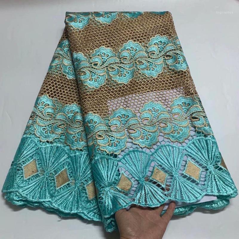 

Blue/Gold lace fabric high quality lace nigerian fabric for women dress african Water soluble with stones 5 yards/lot1