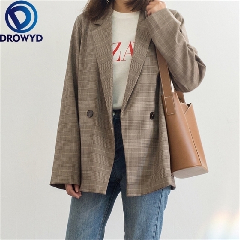 

Women Brown Plaid Blazers New Fashion Lady Office Work Suit Pockets Jackets Coat Casual Loose Tops Long Sleeve Femme Blazer 201201, Dark brown