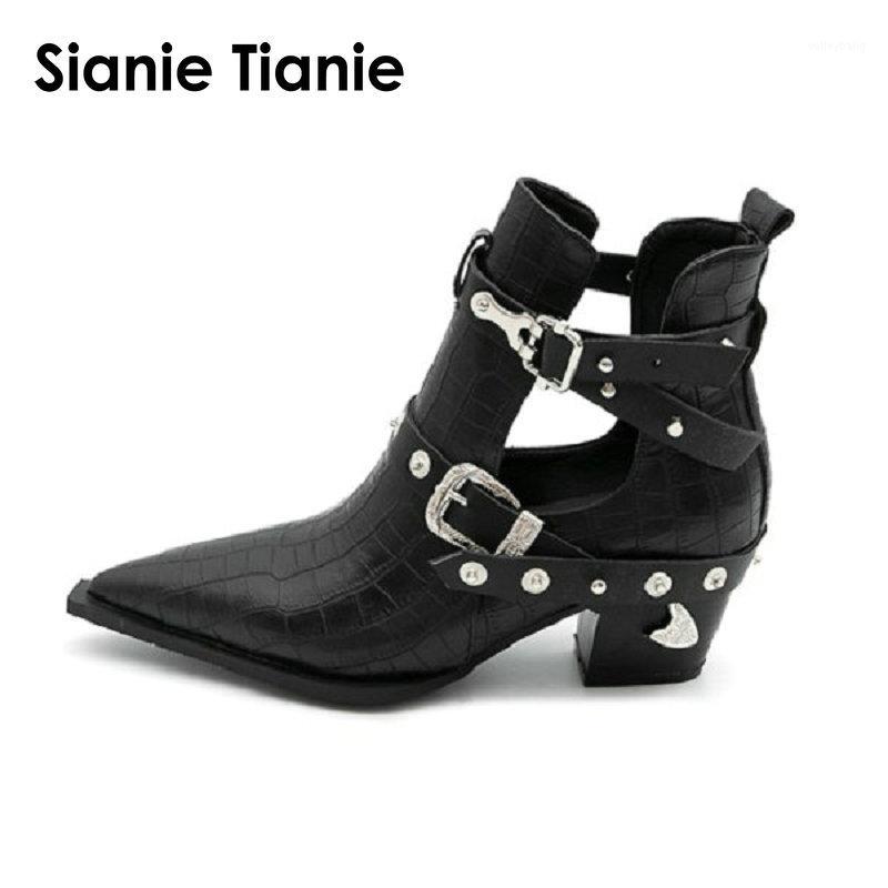 

Sianie Tianie hallow cut out PU leather pointed toe woman ankle boots punk gothic stylish women motorcycle boots ankle1, Black