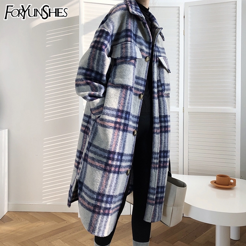 FORYUNSHES Women Winter Woolen Coats Female Plaid Print Retro Warm Thick Long Jacket Outercoats Korean Style Outwear 201030
