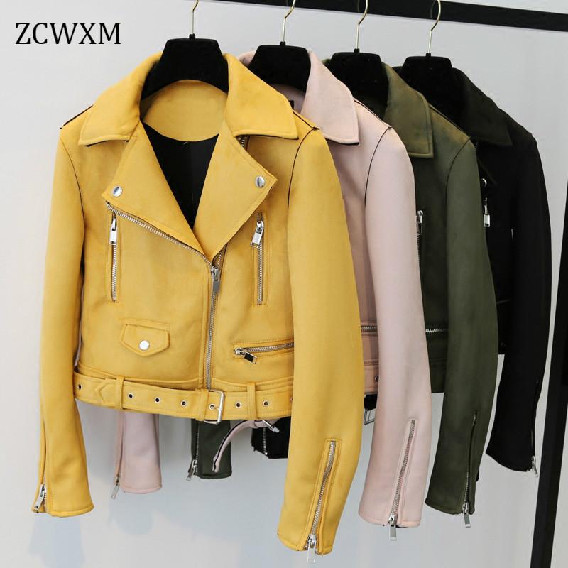 

Spring Women Yellow Suede Leather Jacket Zipper Biker Coat Slim Black Motorcycle Biker Belted Short Coats Basic Street Outwear