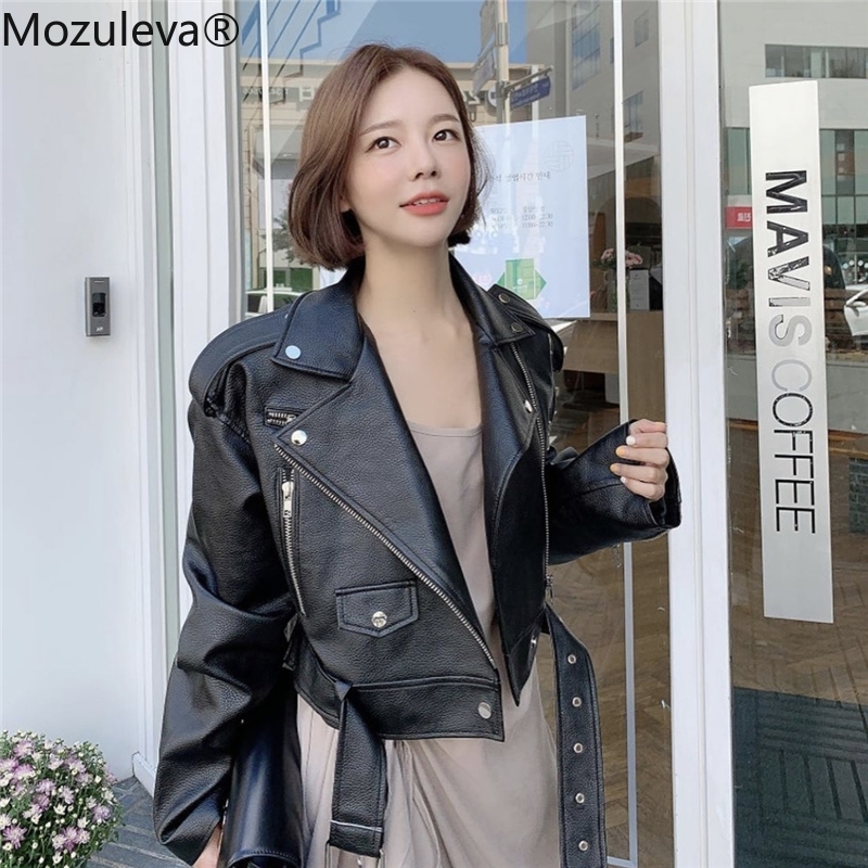

Mozuleva 2020 Winter Coat Retro High Street Turn-down Neck Women PU Leather Jacket Short Black Faux Leather Jacket Female Loose 201124, One size