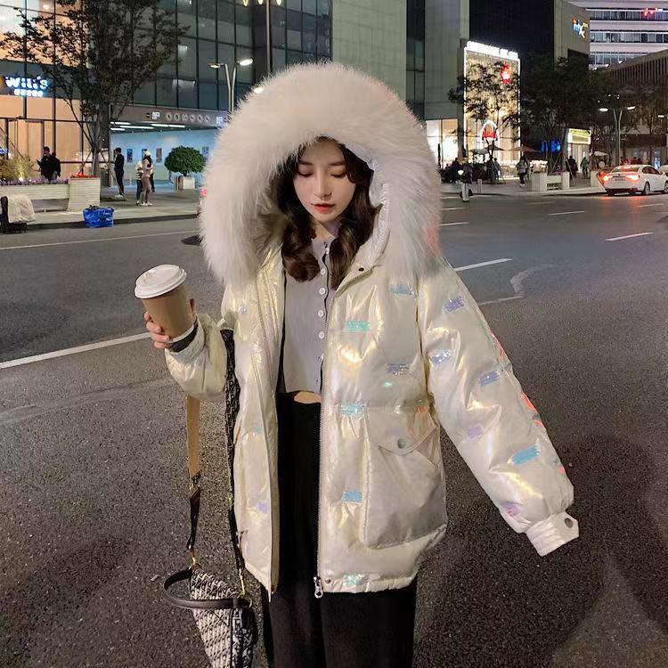 

Large Fur Collar Disposable Sequins Shiny Down Padded Jacket Women 202 New Style Korean Loose Mid-length, Black