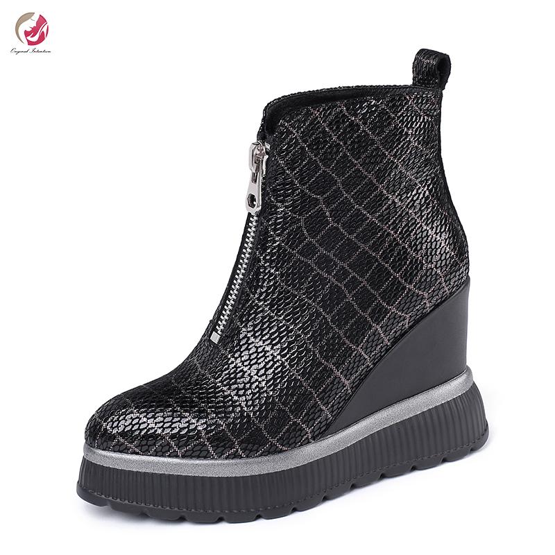 

Original Intention Stylish Height Increasing Ankle Boots Black Grids Woman Real Leather High Platform Shoes Woman Quality Casual, Oi1442 black