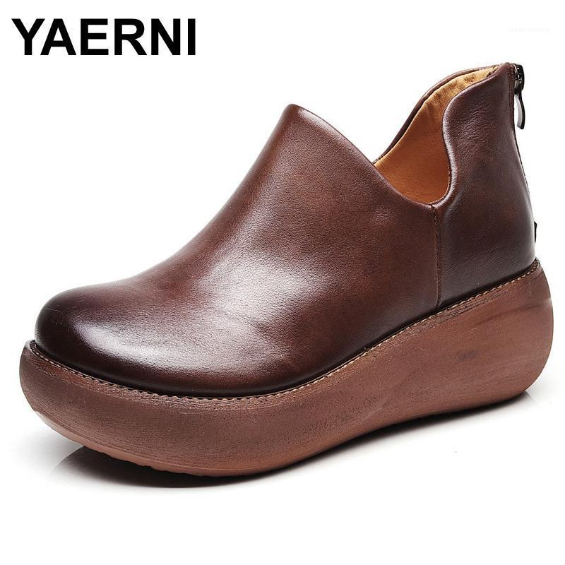 

YAERNI Autumn Women Ankle Boots Retro Genuine Leather Wedge Boots Fashion Round Toe Back Zipper Platform Shoes Women1, Black
