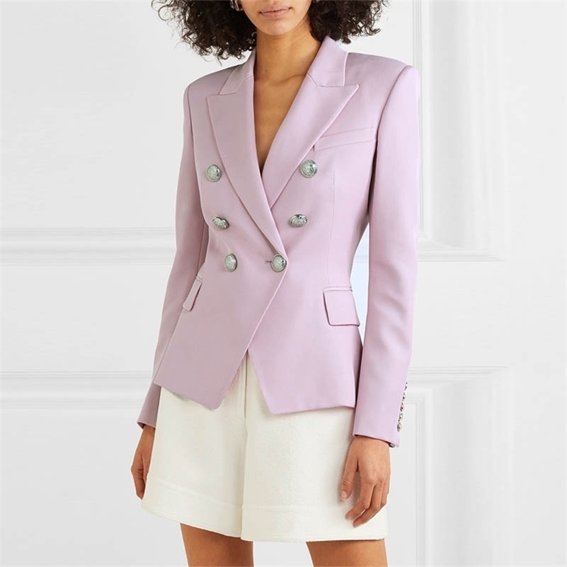

HIGH QUALITY Newest Fashion Designer Blazer Women' Double Breasted Metal Lion Buttons Thick Slim Fitting Blazer Jacket 201114, Purple pink