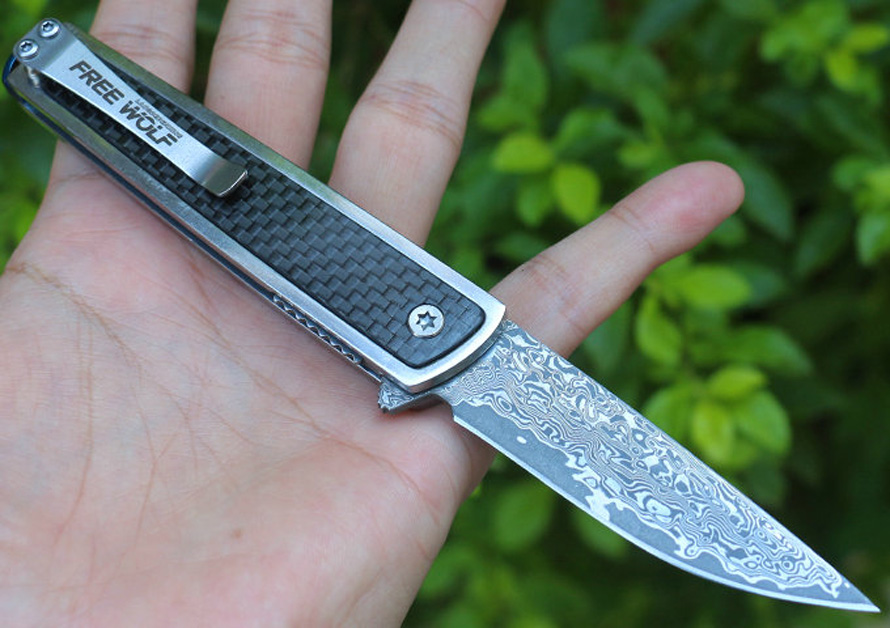 

Promotion Damascus Flipper Folding Blade Knife VG10 Damascus Steel Drop Point Blade Carbon Fiber + Steel Sheet Handle Knives