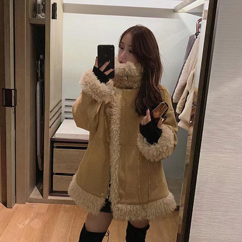 

woolen lamb fur Lamb woolen coat female winter new long plus size section loose overcoat thick warm women coat, Khaki