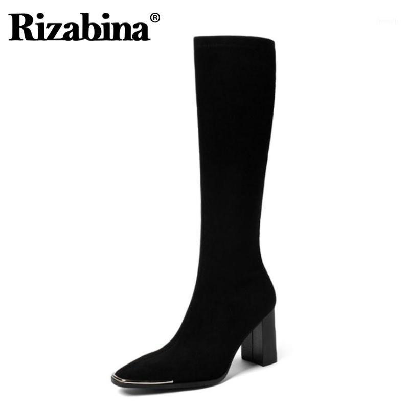 

Rizabina Women Knee Boots Fashion Square Toe Thick High Heel Shoes Woman Zipper Warm Long Boots Office Lady Footwear Size 34-391, Black 1