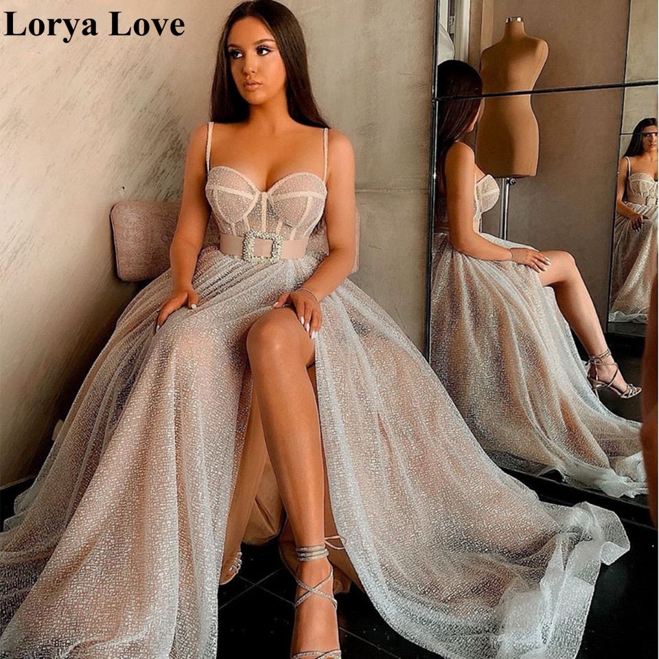 

Champagne Split Maxi Prom Dresses 2020 Women Elegant Party Night Sleeveless Vestidos Gala Sexy Robes Tulle Sexy Evening Dress, Picture color