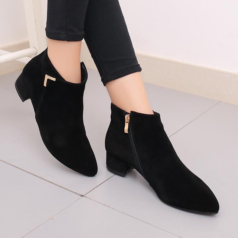 

Winter New Women's Shoes Suede Pointed Fashion Metal Side Zipper Boots Thick Heel Low Boot Women Boots, Khaki