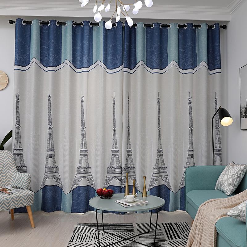 

Modern Simple Nordic Tower Completely Shaded Curtains For Living Dining Room Bedroom, Blue tulle