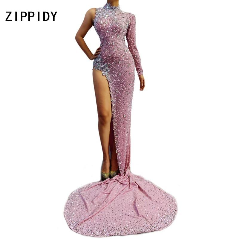 

SEXY Pink Rhinestones Long Tail Dress Wedding Birthday Celebrate Dress Evening Female Singer Dancer Single Sleeve Dresses, Pink single sleeve