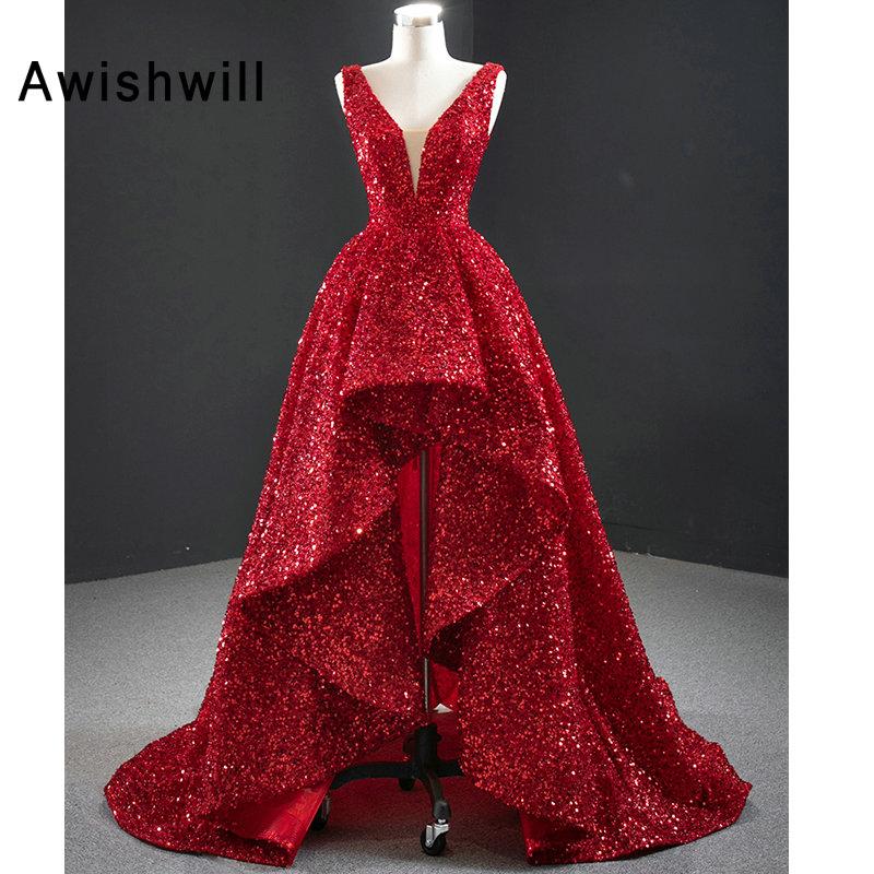 

New Arrival 2020 High Low Evening Dress Sequins V-neck Lace-up Back Dubai Bling Bling Party Formal Gowns Vestido Formatura, Champagne
