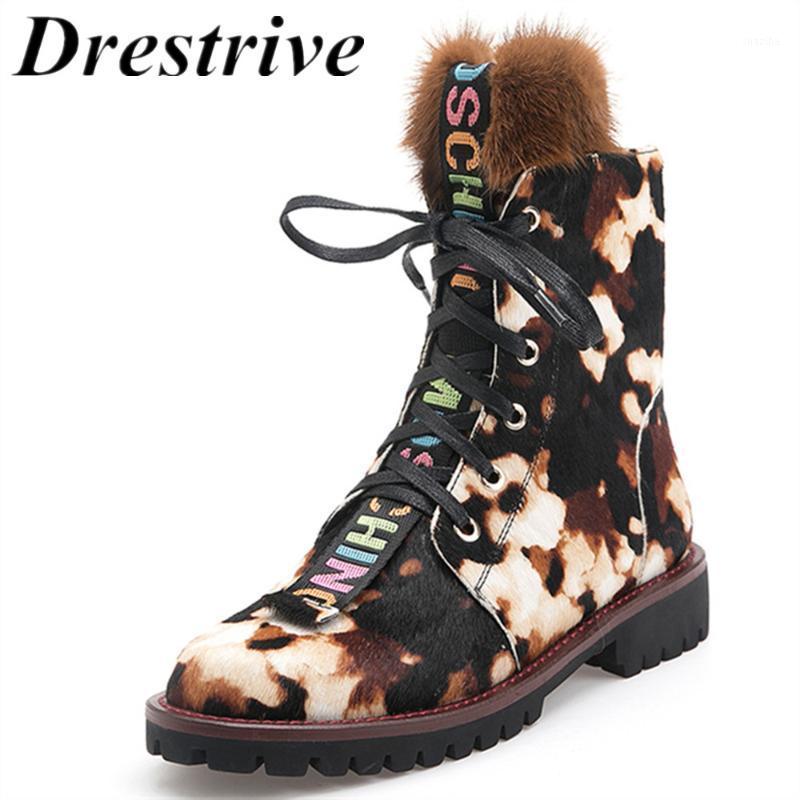 

Drestrive Women Ankle Boots Horsehair Low Heel Lace Up Leopard Non Slip Autumn Winter Ladies Shoes Platform 2020 Real Fur1, Black