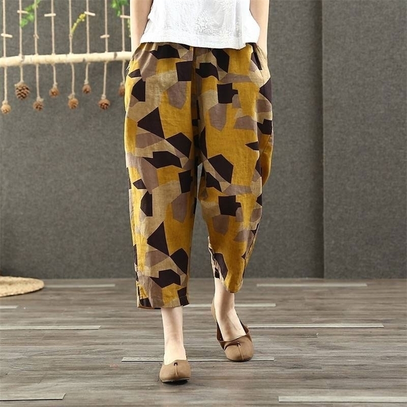 

F&je Spring Summer Women Pants Plus Size Elastic Waist Geometric Cotton Linen Harem Pants Vintage print Loose Wide Leg Pants D44 201228, Flower