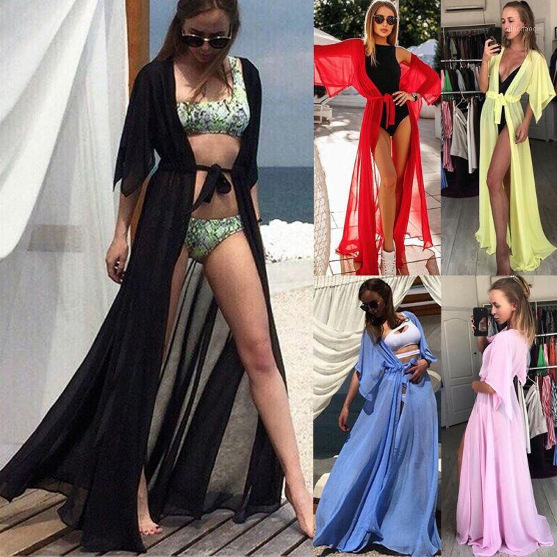 

2020 Sexy Women Chiffon Kimono Beach Cover-Ups Cardigan Bikini Cover Up Long Maxi Dress Wrap Beachwear Long Blouse1