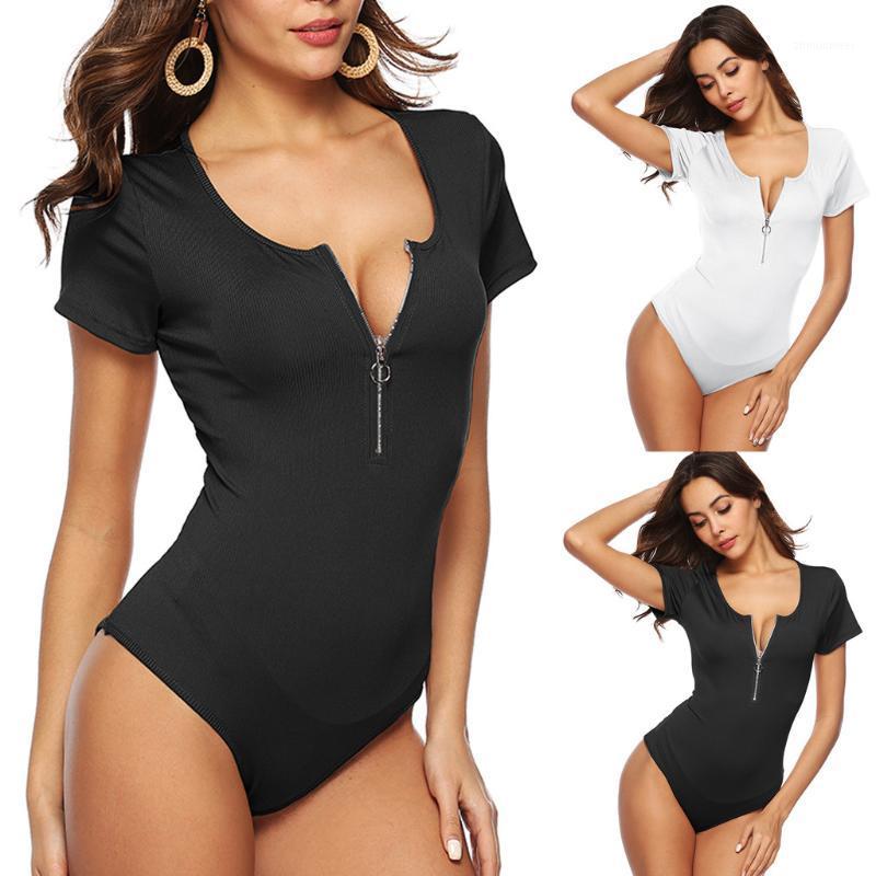 

Rompers Women Sexy Bodysuits Ladies Solid Short Sleeve Zipper Black Jumpsuits Body Suits Romper Mujer Femme Women, White