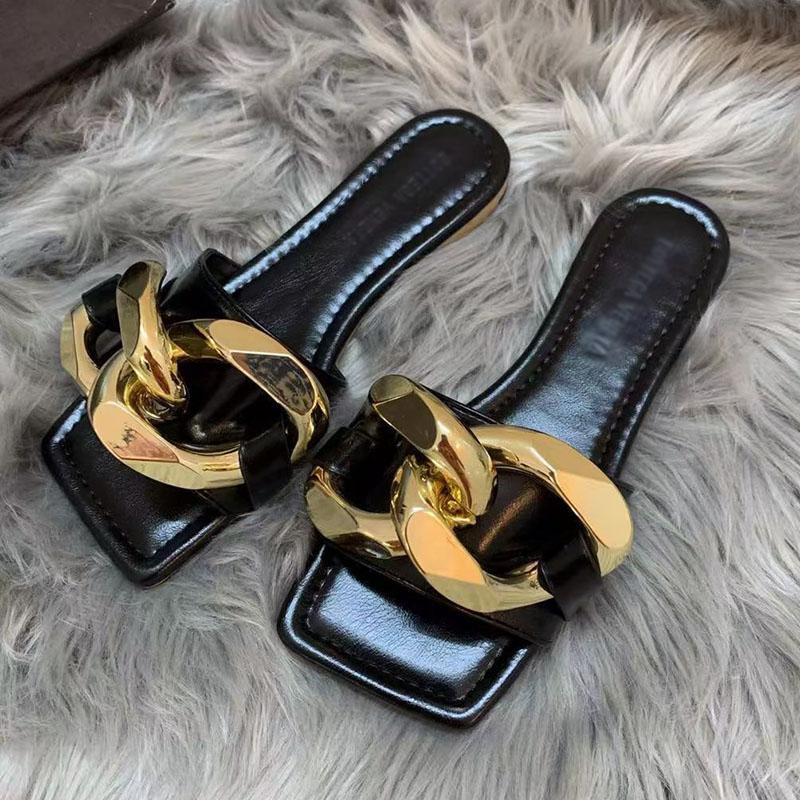 

Bo And JW Co Branded Slipper designer Women Big Gold Chain Genuine Leather Slides Calfskin Sandals Low Heel Flat Slippers Luxurys Designers Shoes high quality, Chocolate
