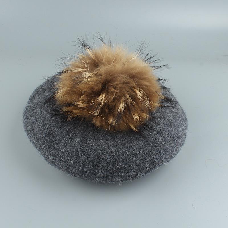 

2020 New Big Real Fur Pompom Beret Women Vintage Artist Beret Hat Girls Autumn Spring Wool Knitted Cap, Red