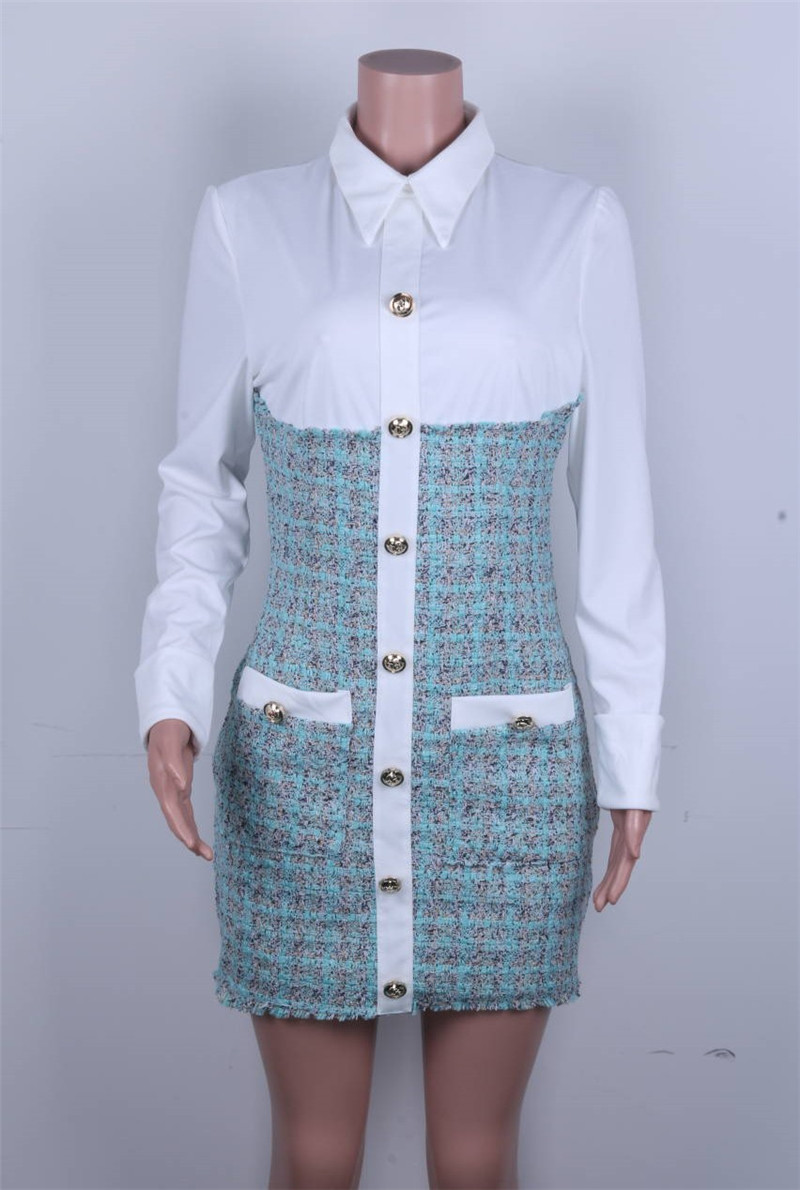 

2021 New Female Chess Plus Size 3xl Elegant Tweed Vintage Thin Hem Long Sleeves Short Ol High Street Dress VY6E, White