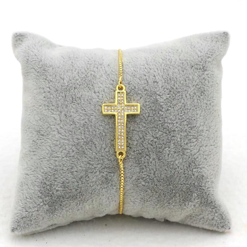 

Cute Bear Brand Metal Box Chain Micro Pave CZ Copper Cross Bracelet Men Women Christian Beliefs Prayer Cross Bracelet Jewelry