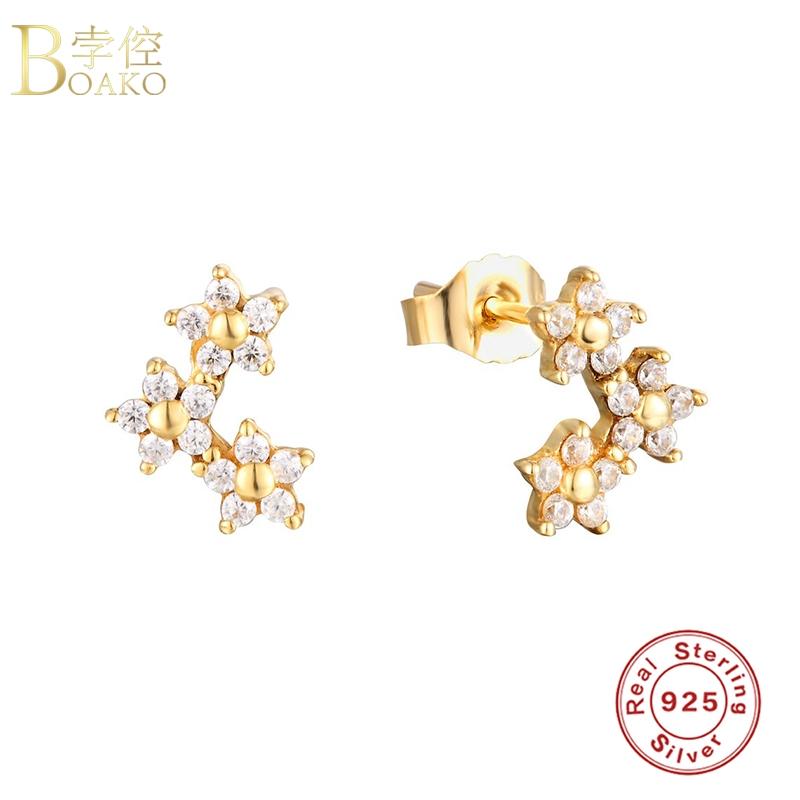 

BOAKO S925 Silver Earrings For Women Pendiente Piercing Ohrringe Flower Zircon Stud Earrings Brincos Aretes Girl Party Jewelry