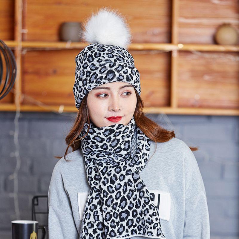

Women Scarf Hat 2Pcs Set Leopard Print Knitted Cuffed Beanie Cap with Long Wraps