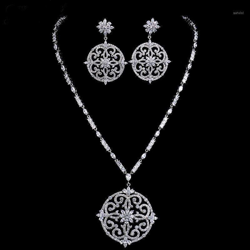 

New luxury bridal jewelry set white gold colour cubic zircon big flower vintage wedding jewelry set Christmas gift1, As pic